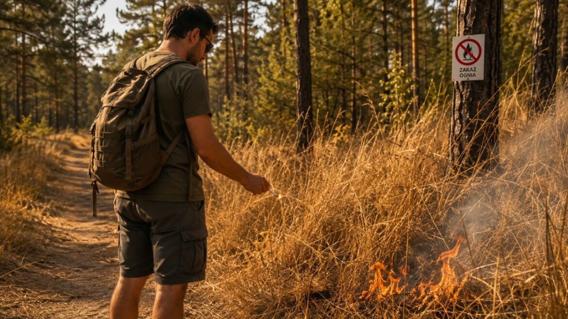 Sucha trawa zapala się bardzo szybko, a jedna iskra może wywołać pożar. Sprawdź, czego nie robić w lesie w sierpniu i jak reagować po zauważeniu dymu lub ognia.