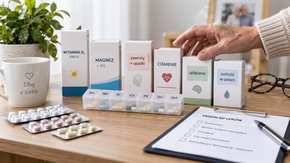 Apteczka dla seniora: pięć kombinacji objawów, przy których warto sprawdzić wszystkie leki z farmaceutą. Zawroty, krwawienia, splątanie, odwodnienie i hipoglikemia wymagają uwagi.