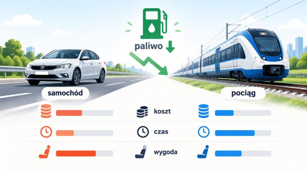 Czy po spadku cen paliw bardziej opłaca się jechać samochodem czy pociągiem?